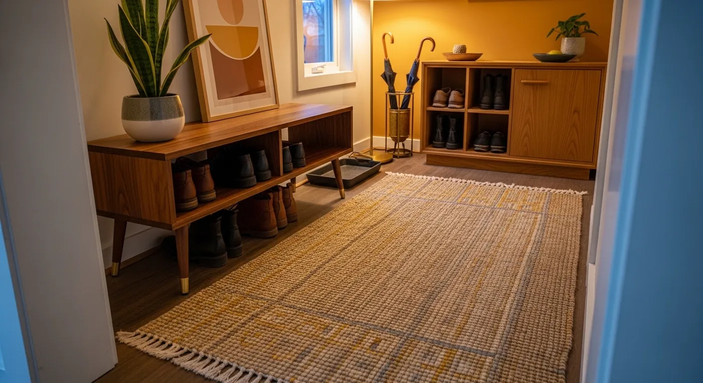 Mid-century modern entryway ideas featuring a mustard bench and sleek walnut console table