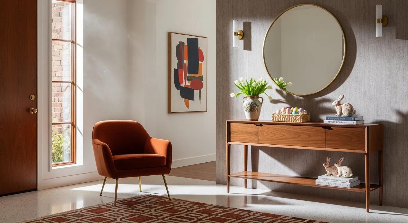 Mid-century modern entryway featuring a bold rust wall and sleek walnut console table