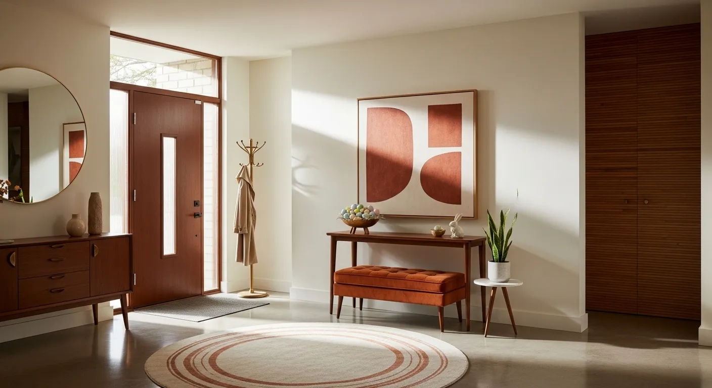 Mid-century modern entryway featuring a walnut console table and warm rust colored accents