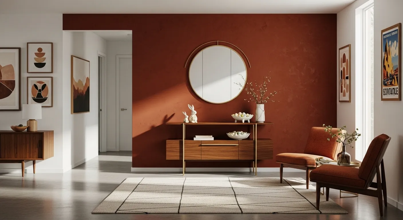 Mid-century modern entryway featuring a walnut console table and warm rust runner rug