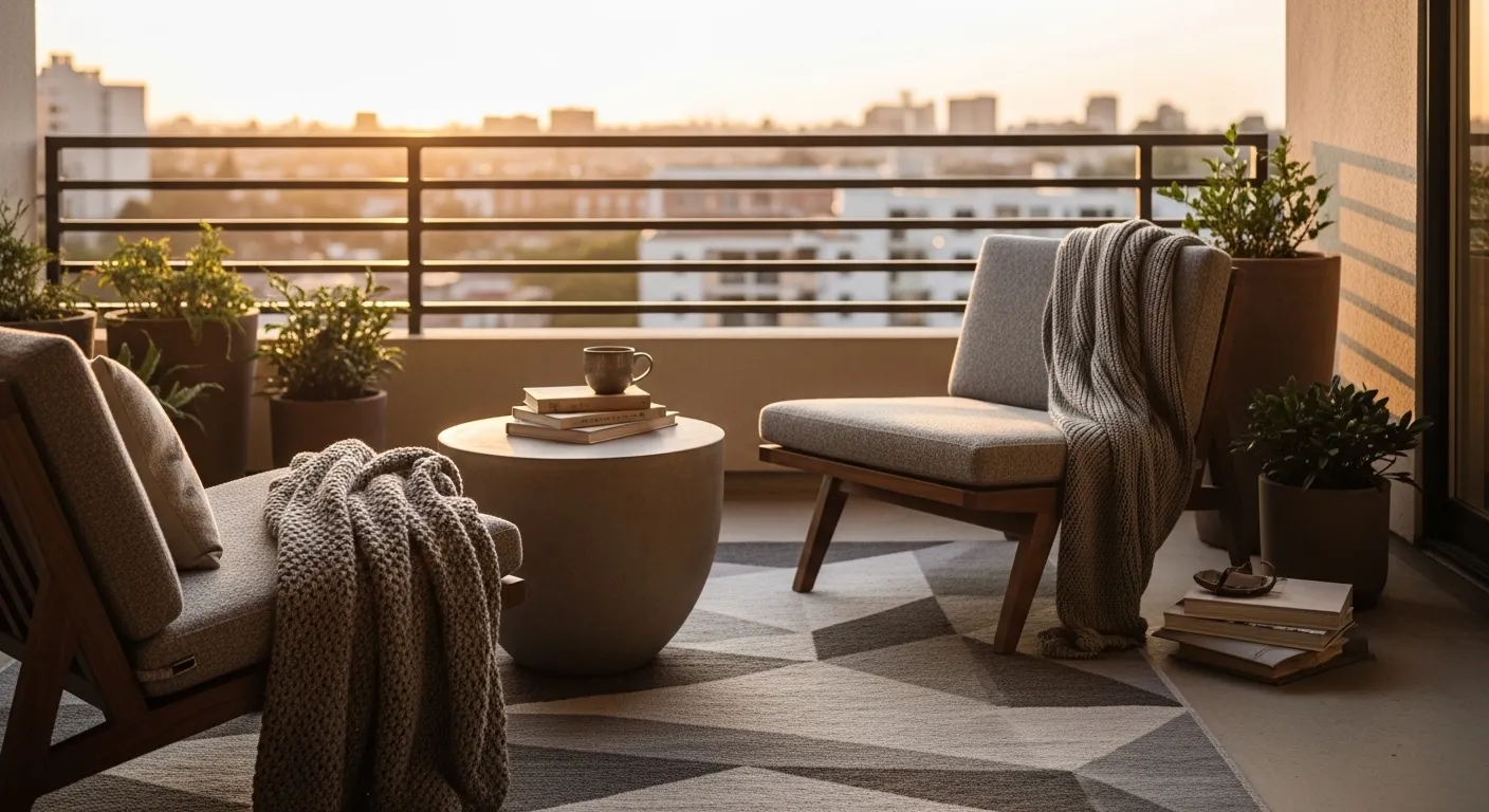 Mid-century modern outdoor balcony ideas with sleek wooden accents and gray textiles