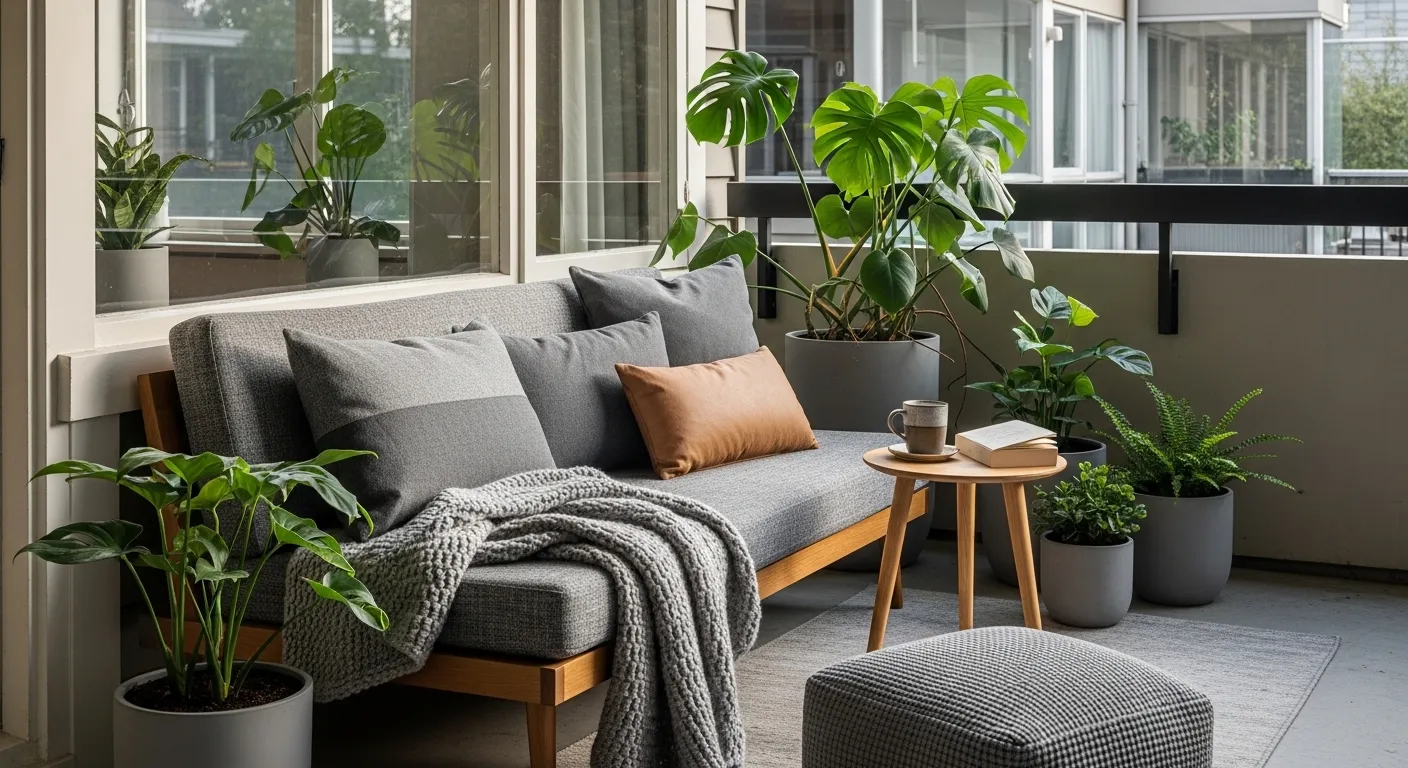 Styling tips for mid-century modern outdoor balcony ideas featuring lush plants and gray decor
