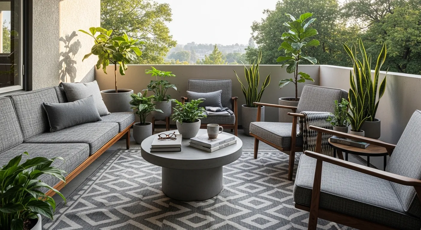 Mid-century modern outdoor balcony ideas featuring concrete flooring and gray chairs