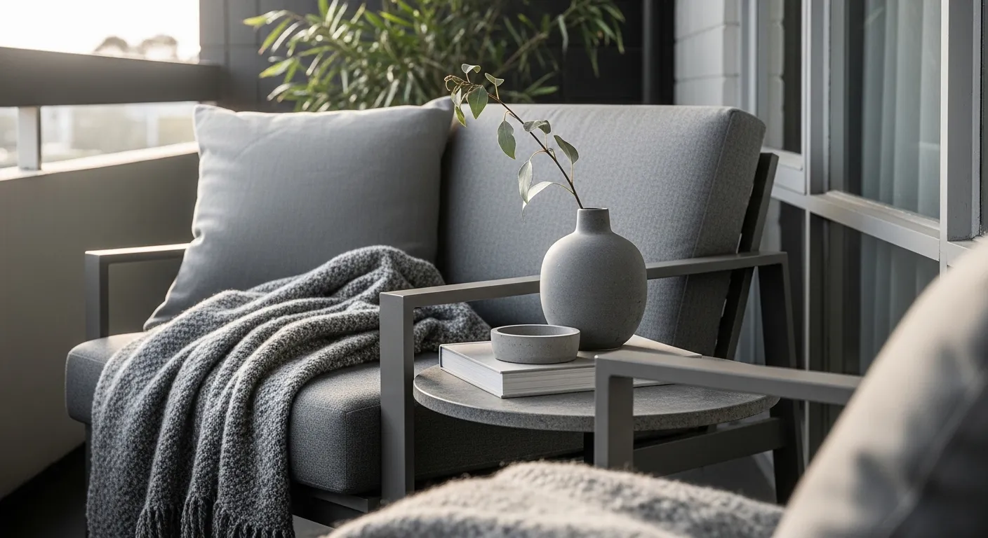 Minimalist gray and wood mid-century modern outdoor balcony ideas for small spaces