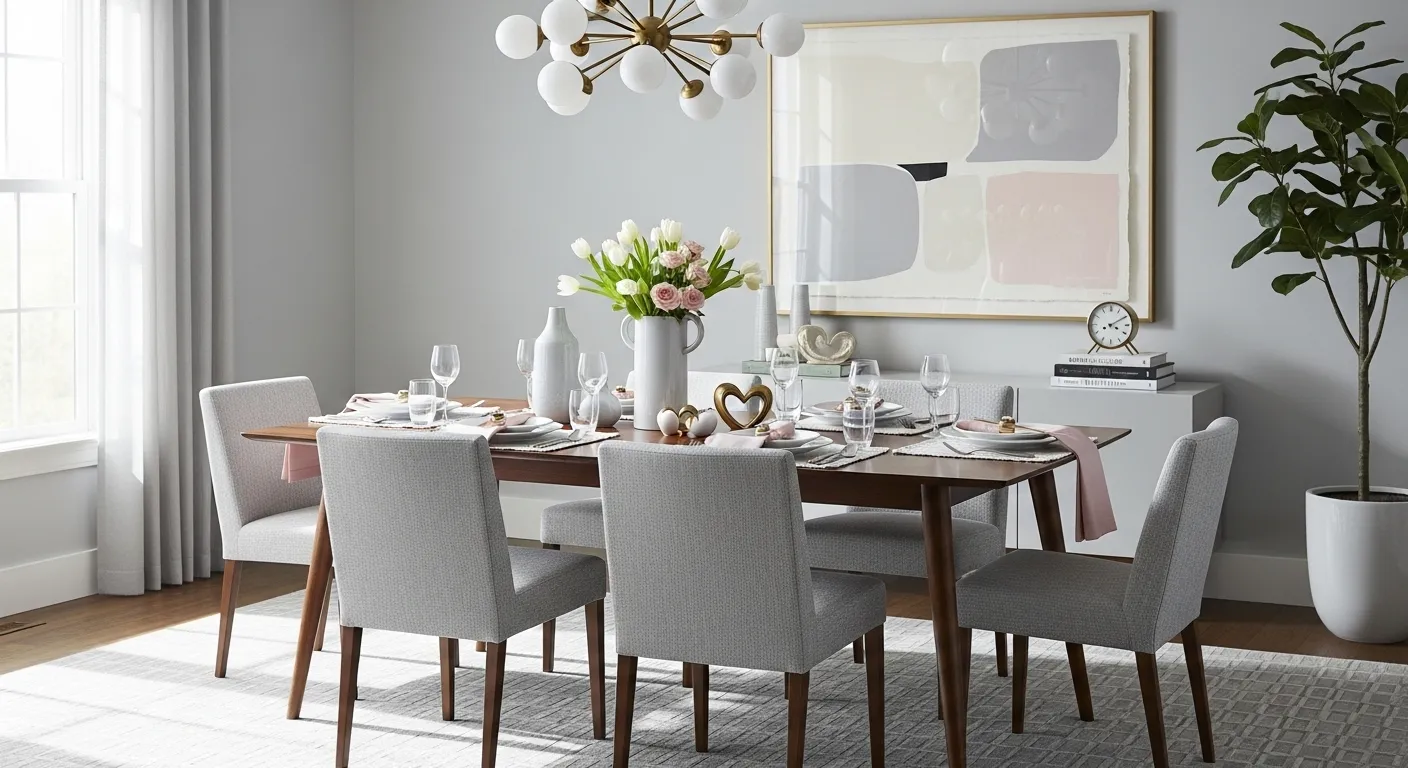 Light gray dining room featuring mid-century modern wood table and sleek chairs