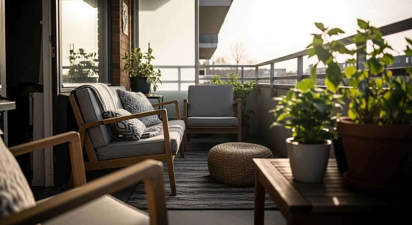 Organic textures and gray furniture in mid-century modern outdoor balcony ideas