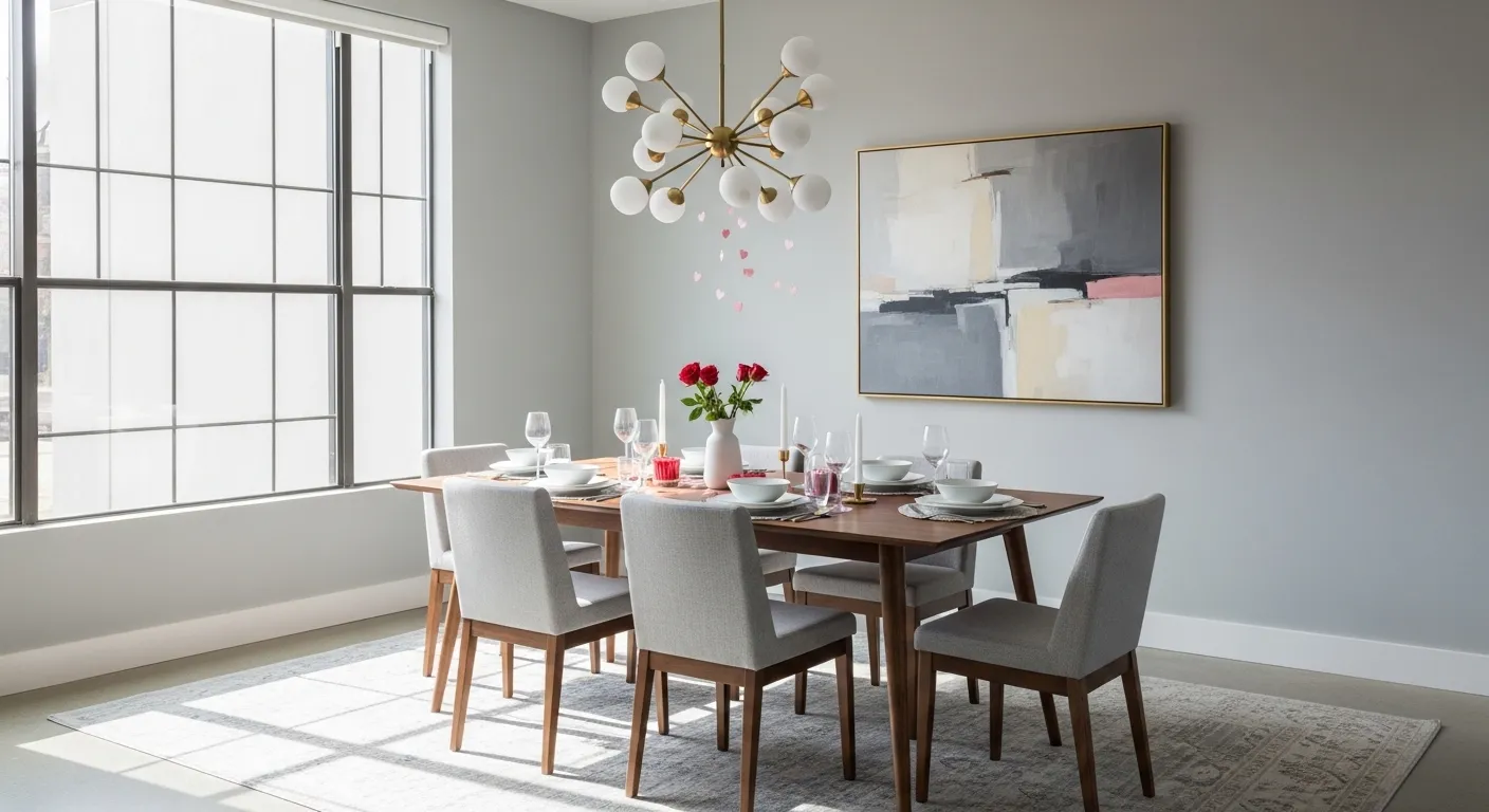 Light gray dining room featuring sleek mid-century modern walnut furniture and natural light