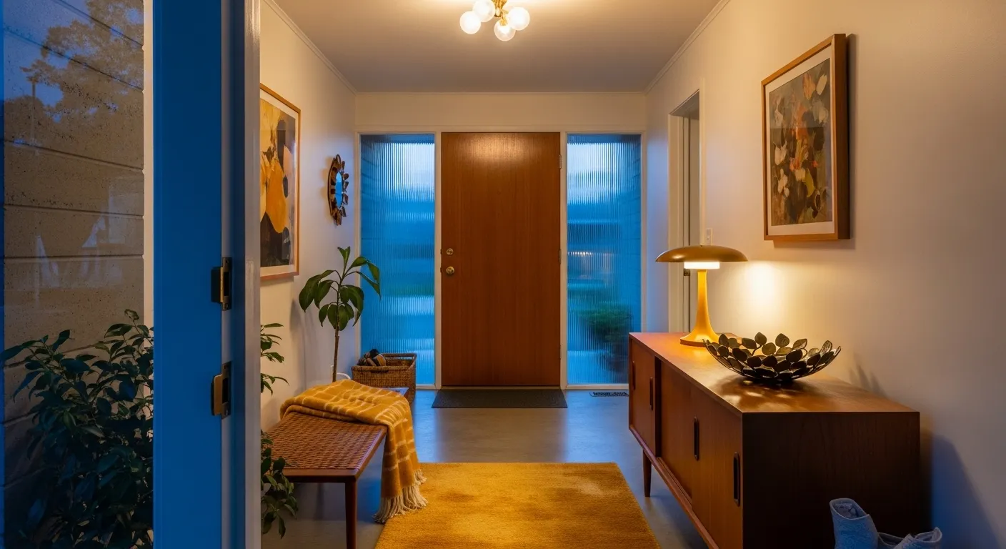 Detail shot of mid-century modern entryway ideas featuring mustard accents and a sleek wooden console table