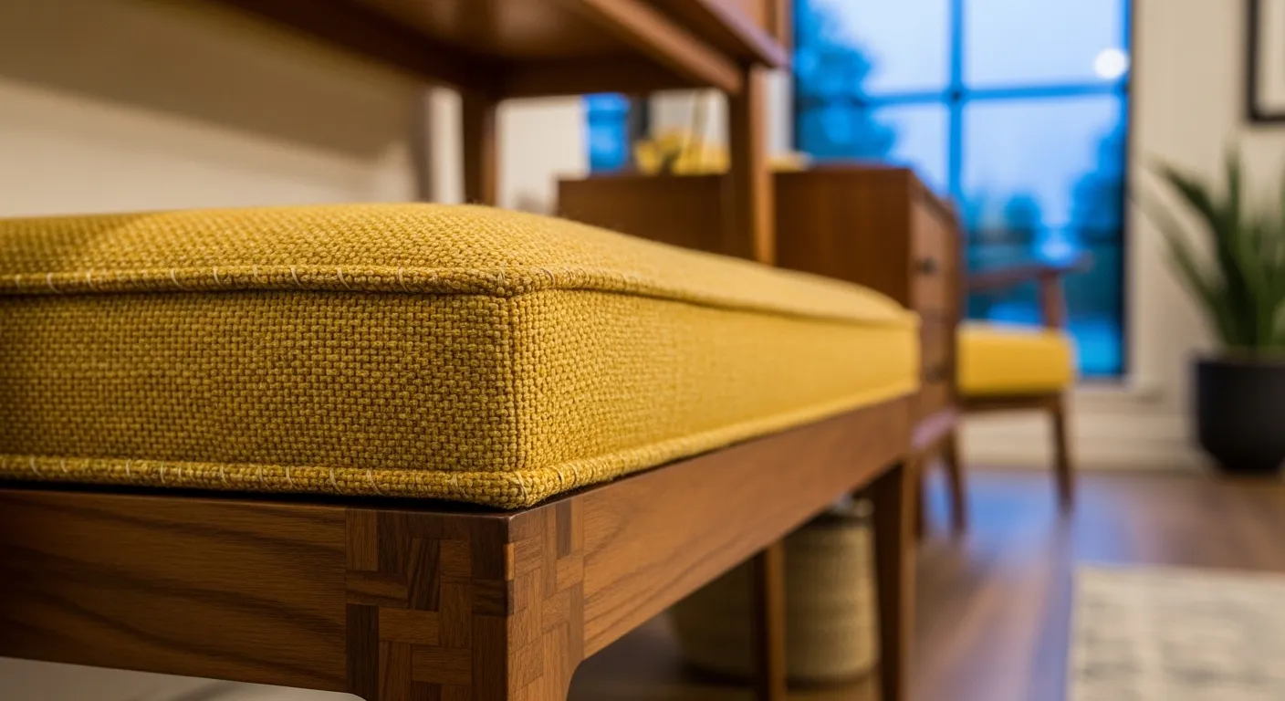 Sleek walnut console table against a mustard wall, illustrating mid-century modern entryway ideas