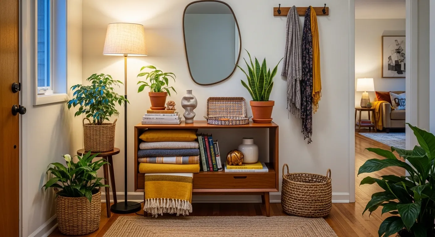 Decor details on a walnut console showing styled mid-century modern entryway ideas