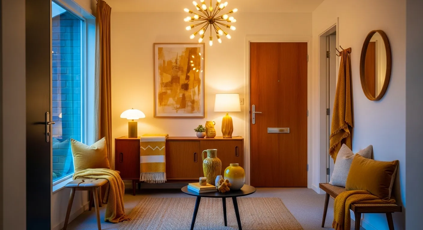 Vibrant mustard accent wall with walnut furniture, a key trend in mid-century modern entryway ideas