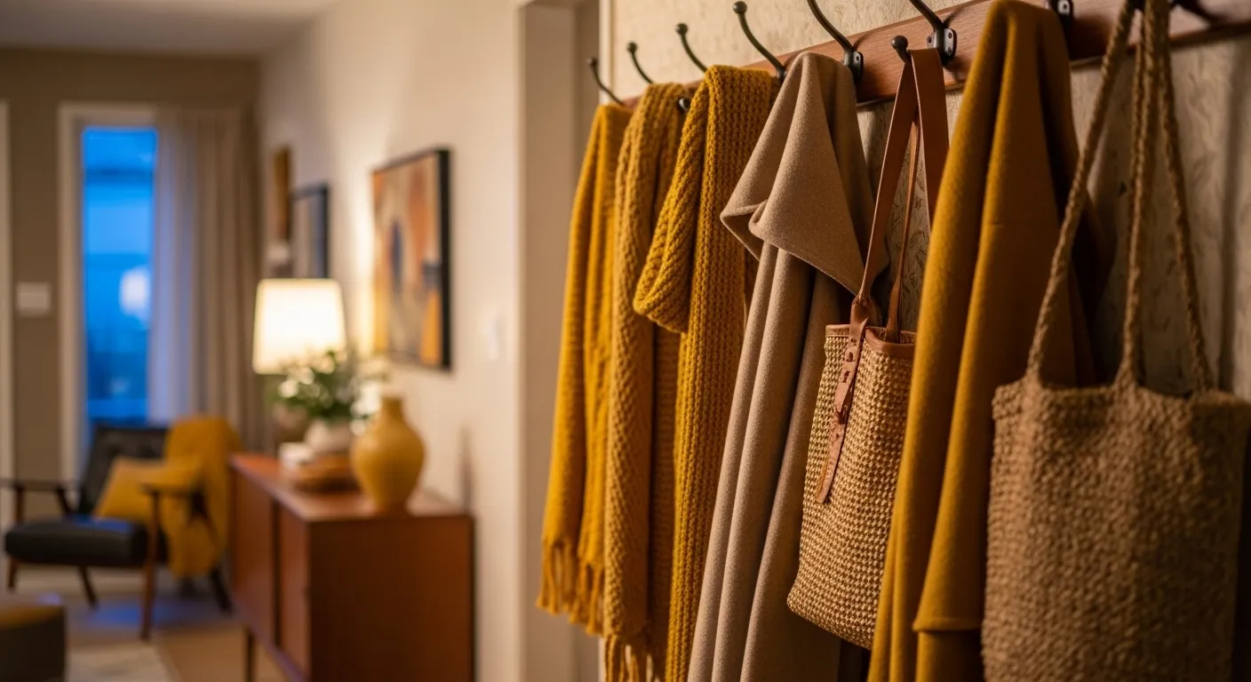 Mid-century modern entryway featuring a walnut console table against a vibrant mustard yellow wall