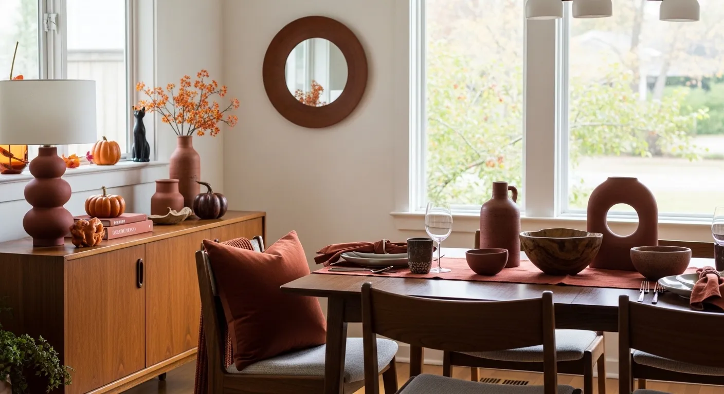 Color palette breakdown for Mid-Century Modern Dining Room ideas with rust and walnut
