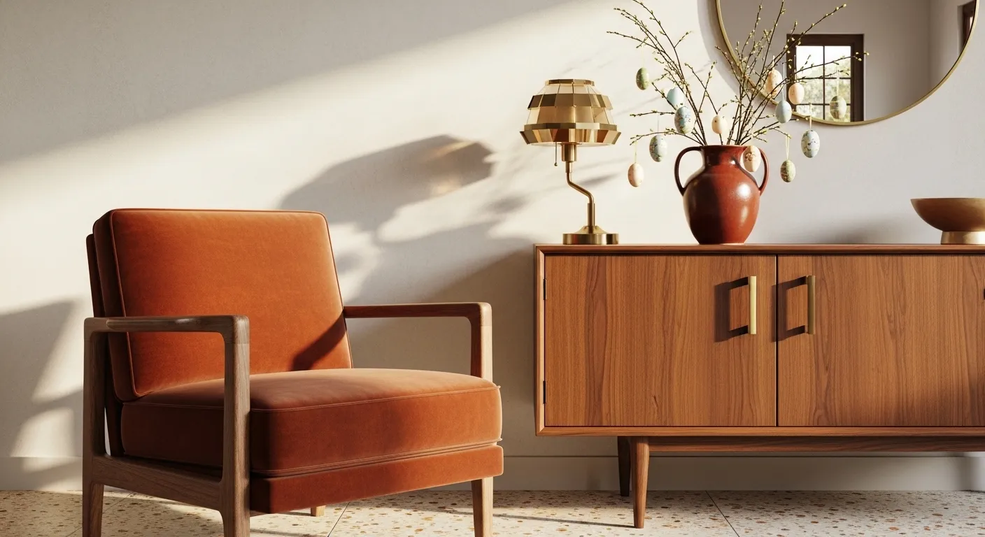 Mid-century modern entryway featuring walnut console table and warm rust accents