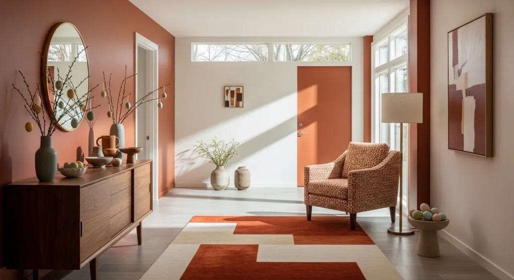 Mid-century modern entryway featuring sleek walnut furniture and warm rust orange accents