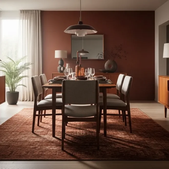 Rust velvet dining chairs arranged around a walnut mid-century modern table