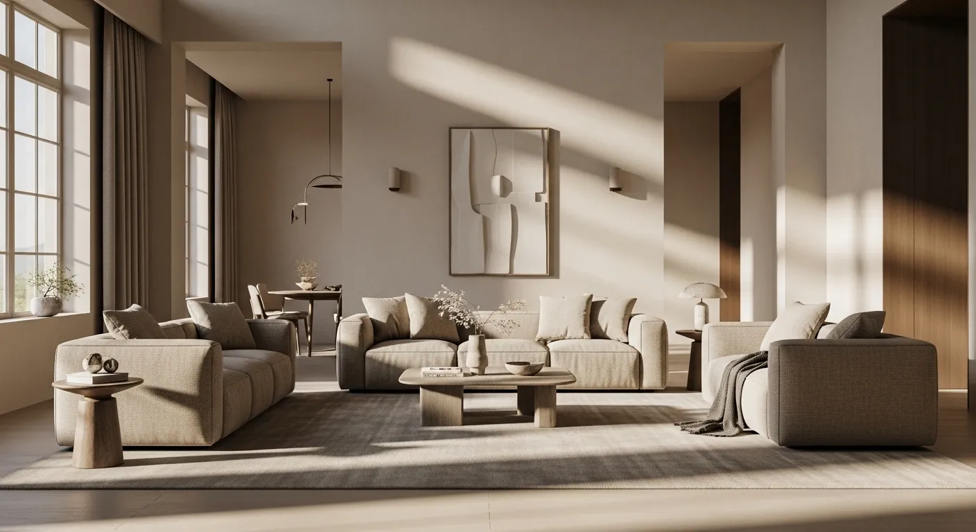 Modern minimalist living room featuring a curved beige sofa and warm natural textures