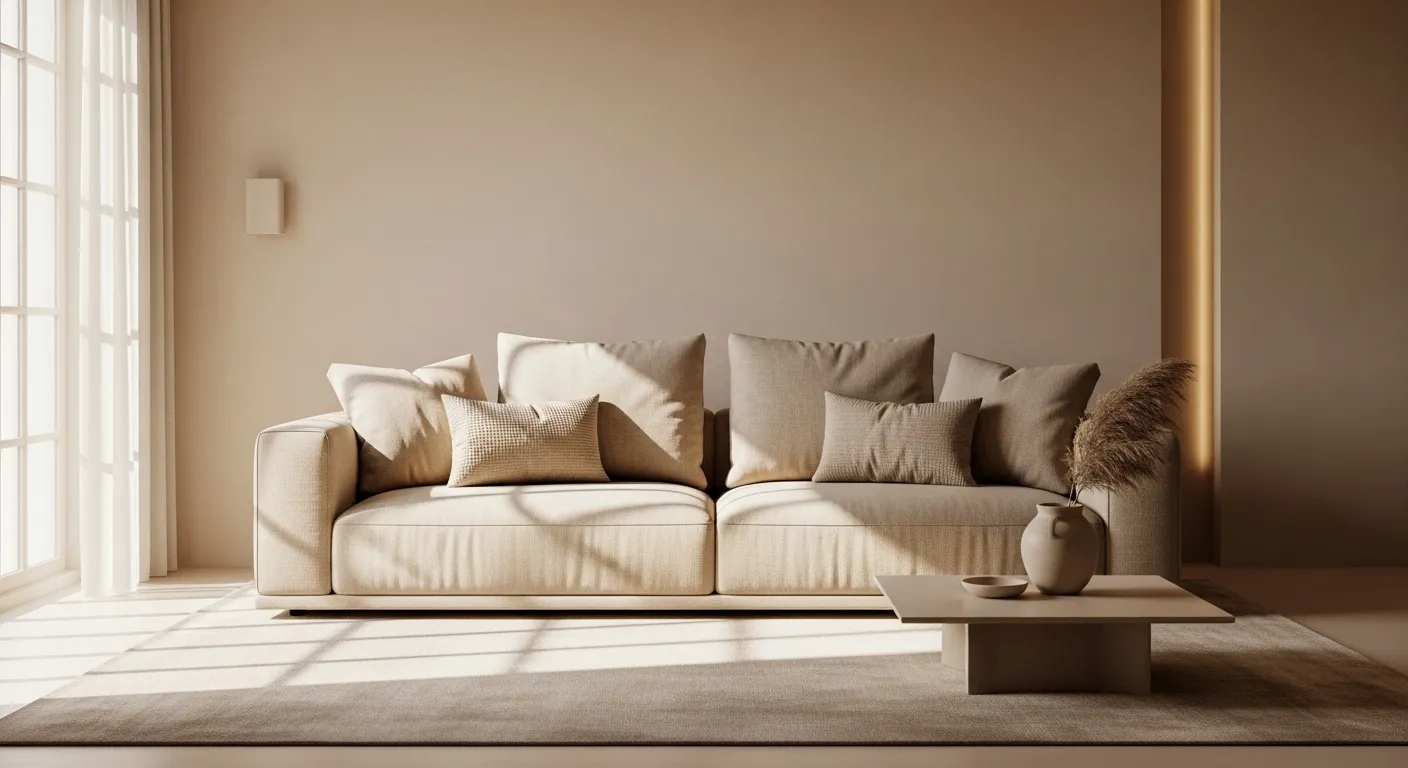 Serene minimalist living room featuring a beige sofa and warm neutral textures