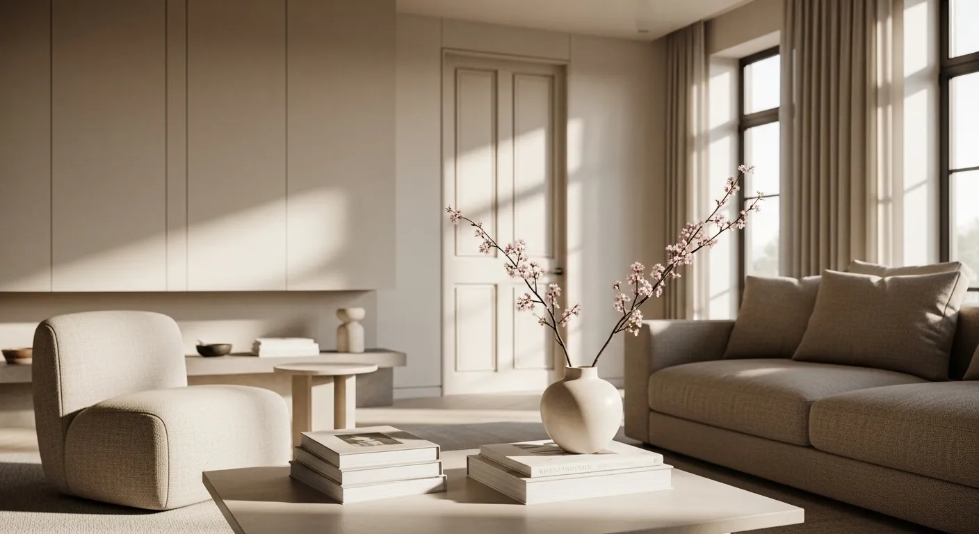 Serene minimalist living room featuring a curved beige sofa and soft natural lighting
