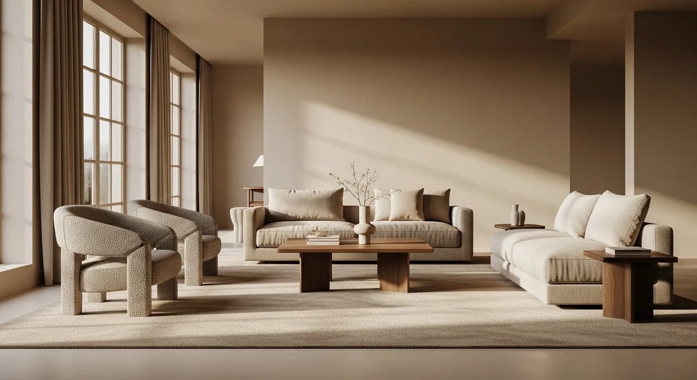 Bright minimalist living room featuring a beige sofa and textured neutral decor