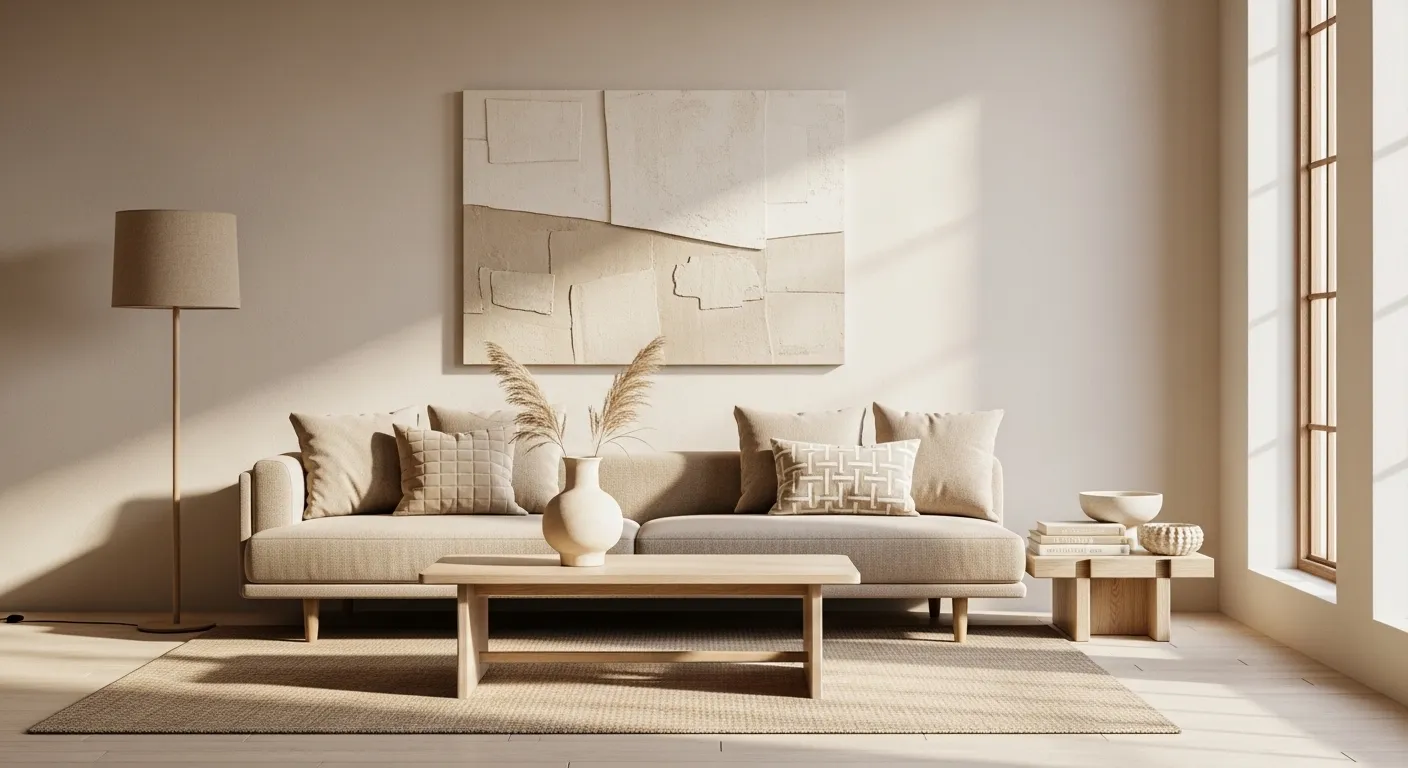Bright minimalist living room featuring a textured beige sofa and natural wood accents
