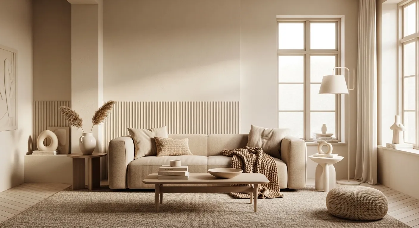 Minimalist beige living room with neutral sofa, low wood coffee table, soft daylight