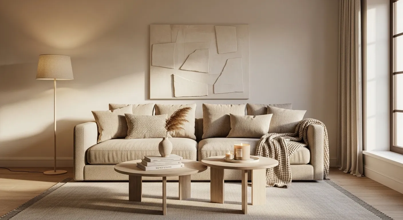 Minimalist beige living room with neutral sofa, round tables, and soft daylight