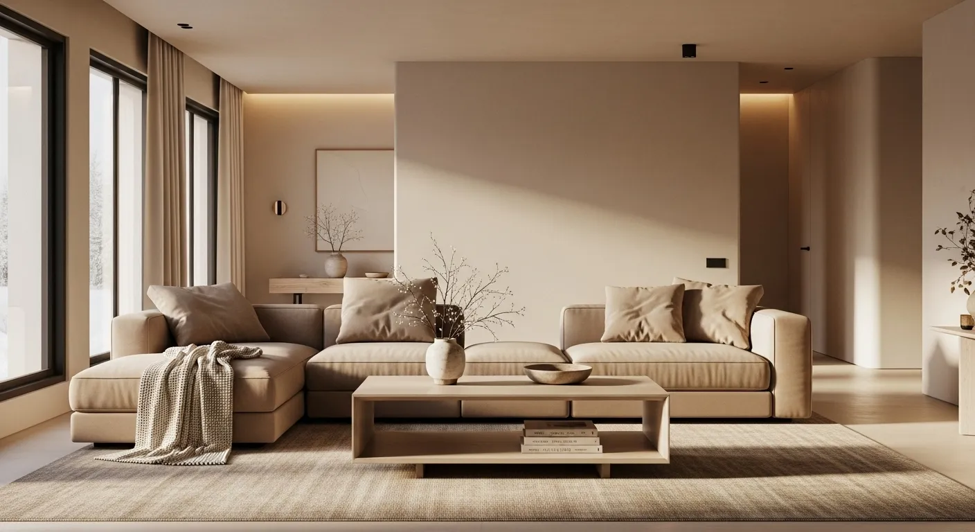 Minimalist beige living room with sectional sofa, low coffee table, warm light