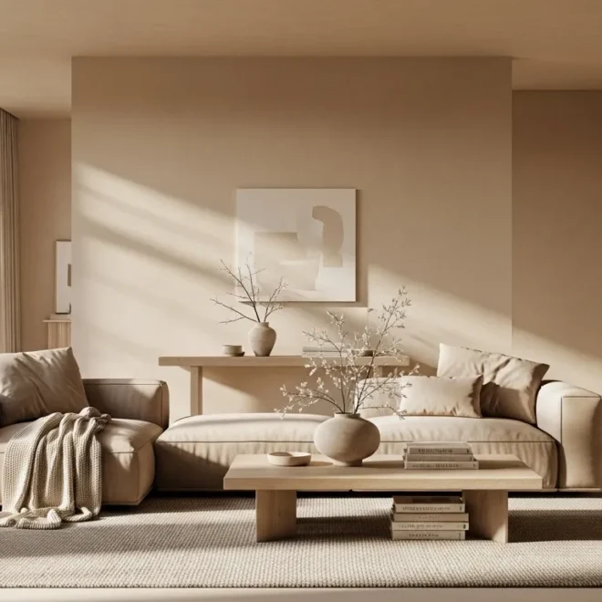 Minimalist beige living room with low sofa, sunlight, coffee table, and neutral decor