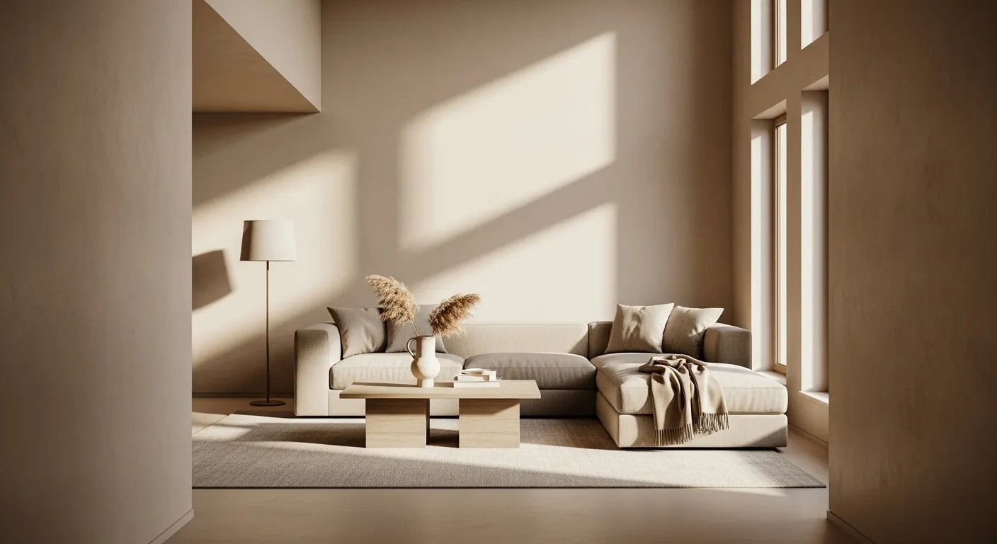 Minimalist beige living room with sectional sofa, low coffee table, and sunlight.