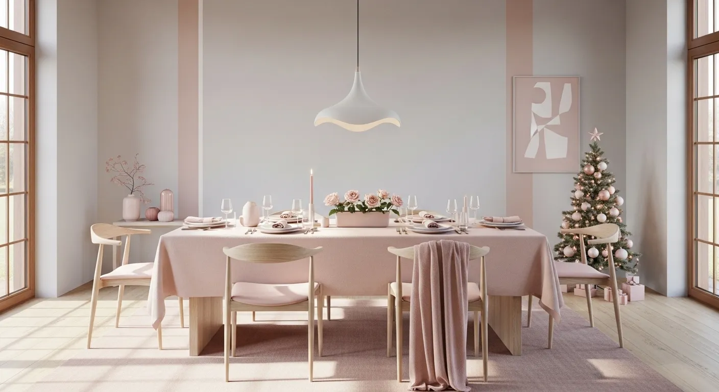 Minimalist blush dining room with pale wood table, pendant light, and tree