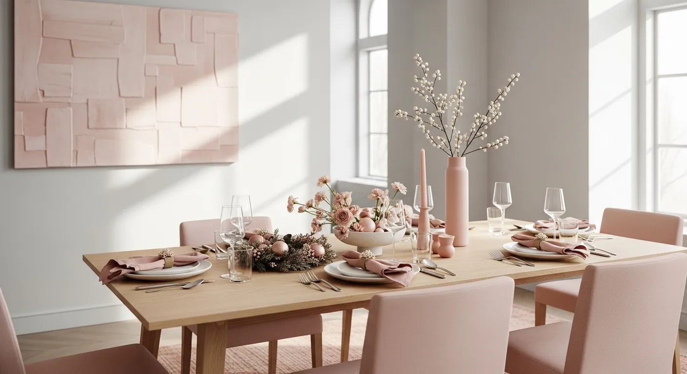 Minimalist blush dining room with wooden table, pink chairs, and soft florals