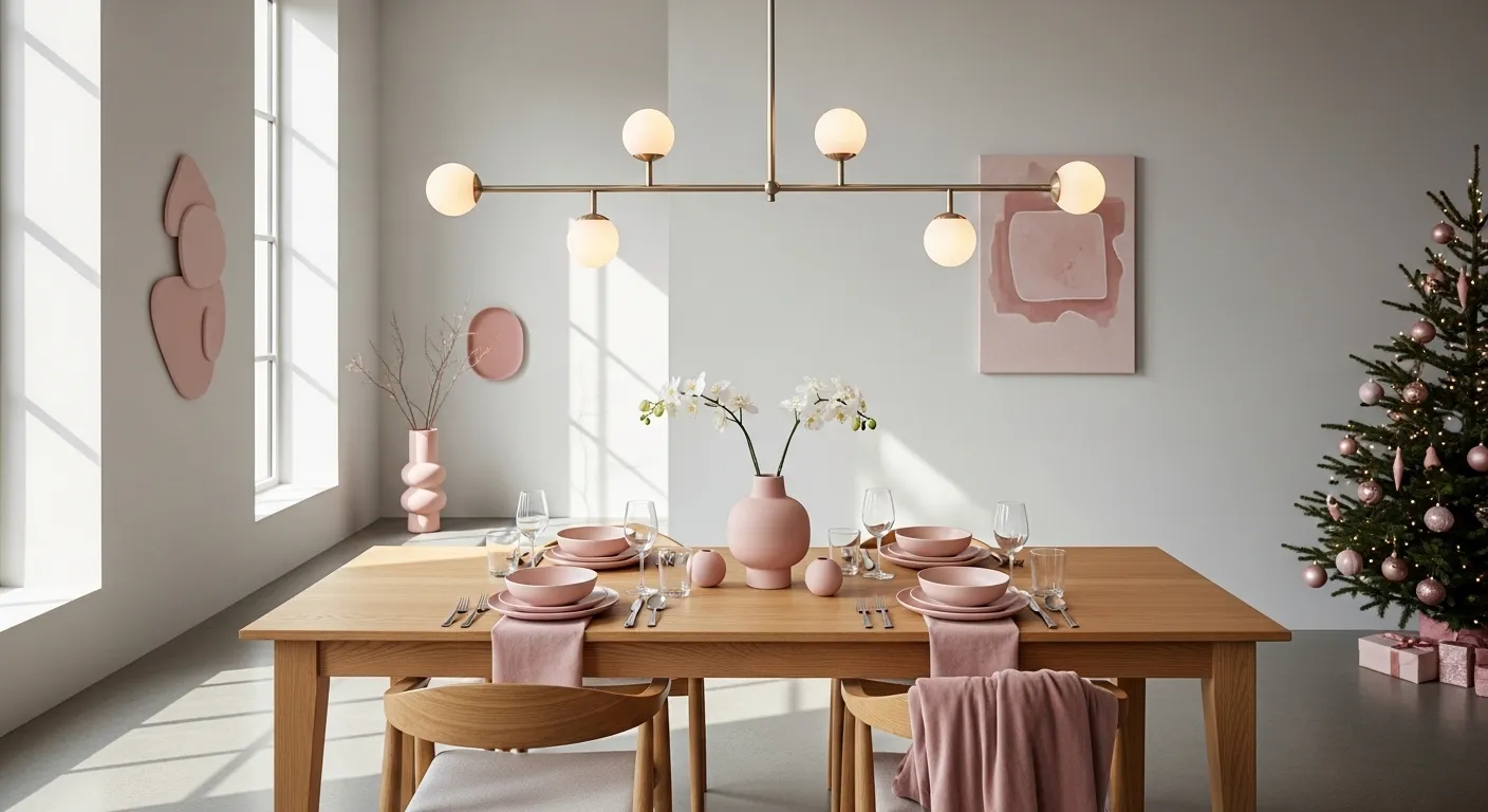 Minimalist blush dining room with wood table, pink tableware, modern globe pendant