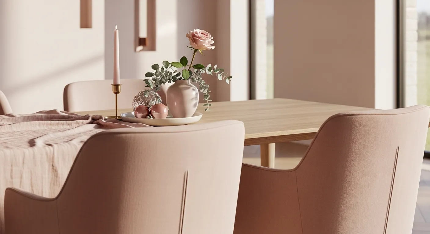 Minimalist blush dining room with upholstered chairs, wood table, and rose centerpiece