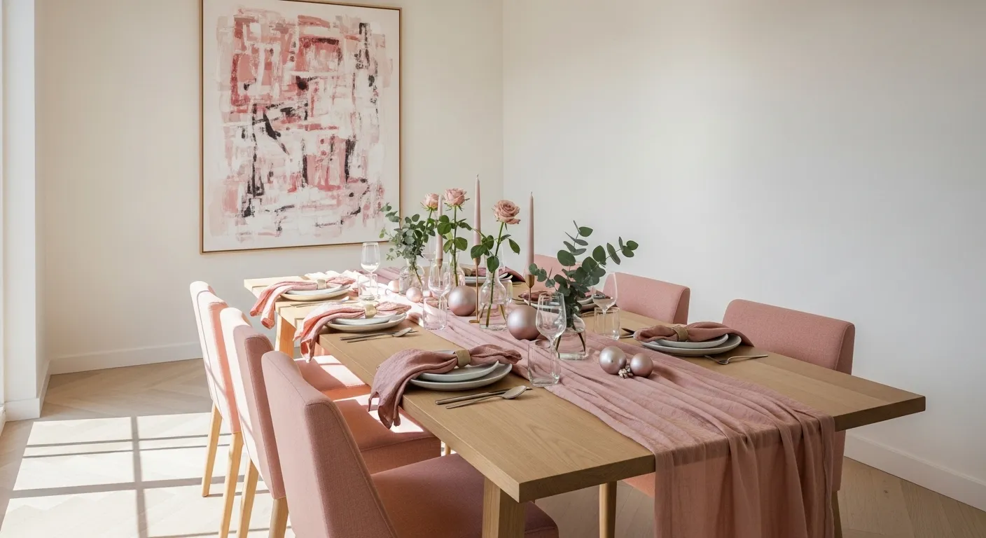 Minimalist blush dining room with set table, pink chairs, and abstract art