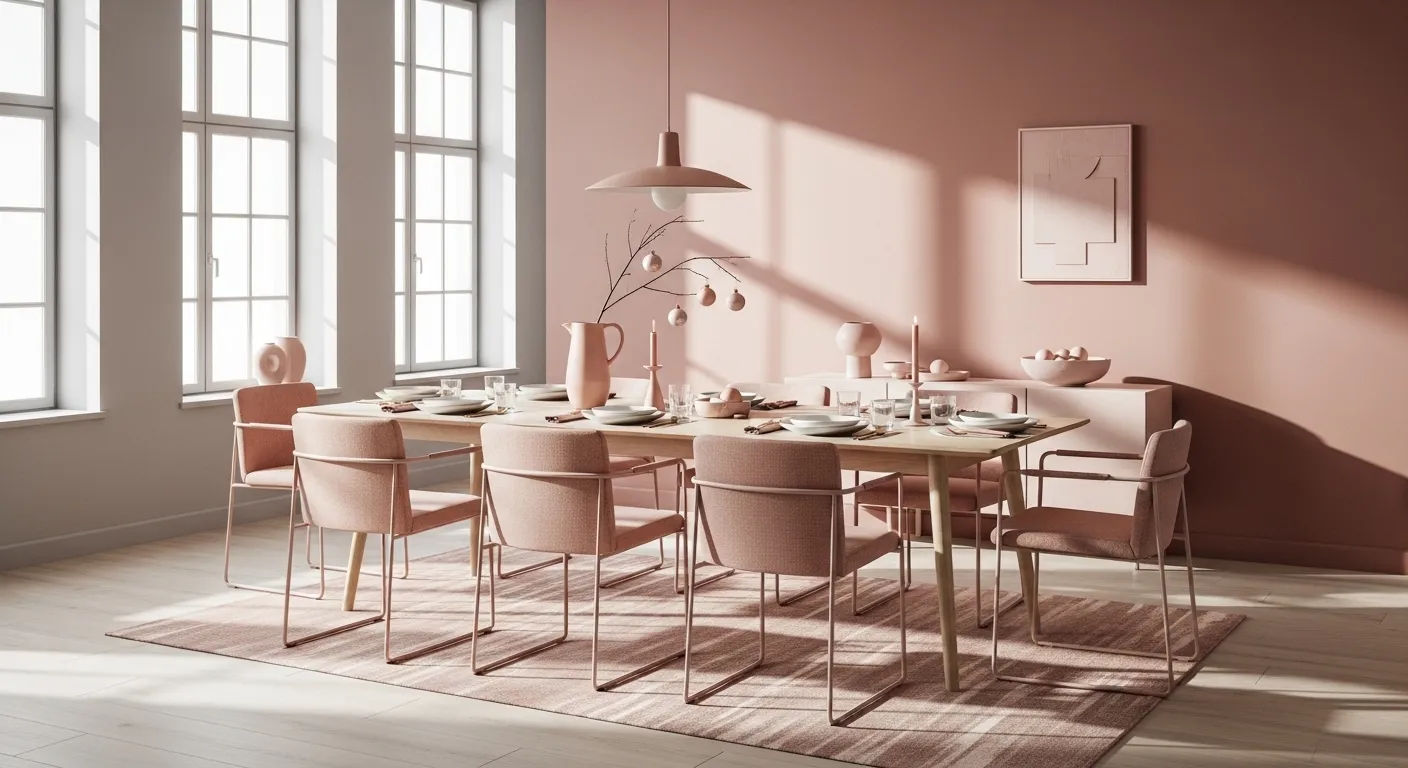 Minimalist blush dining room with light wood table, pink chairs, and pendant