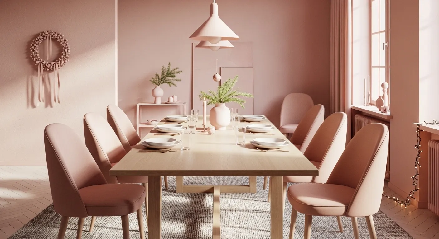 Minimalist blush dining room with pale wood table and pink upholstered chairs