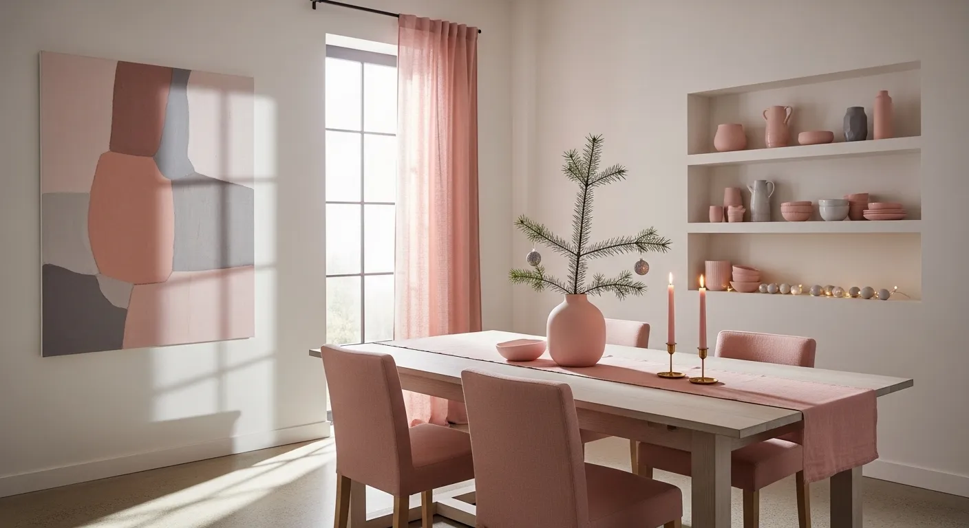 Minimalist blush dining room with pink chairs, pale wood table, and sheer curtains
