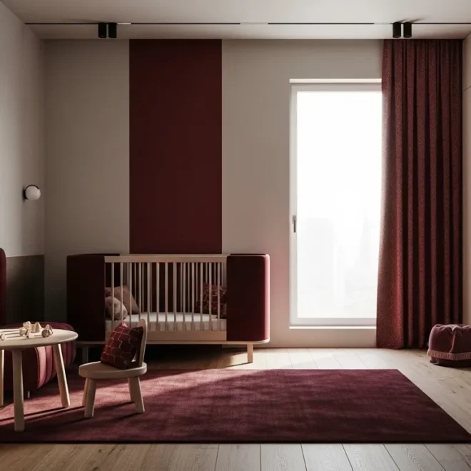 Modern minimalist nursery featuring deep burgundy accent wall and sleek white crib