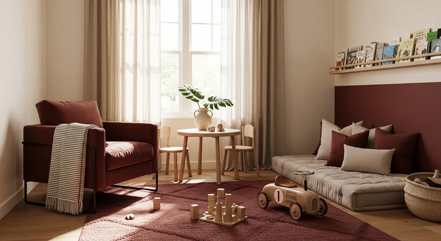 Minimalist nursery featuring a deep burgundy accent wall and sleek wooden crib