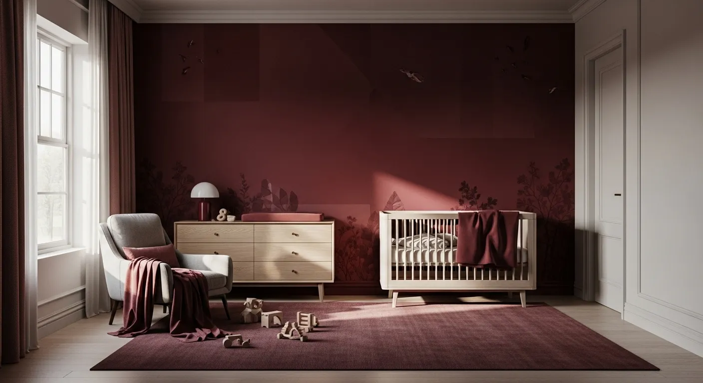 Modern minimalist nursery featuring deep burgundy accents and sleek furniture