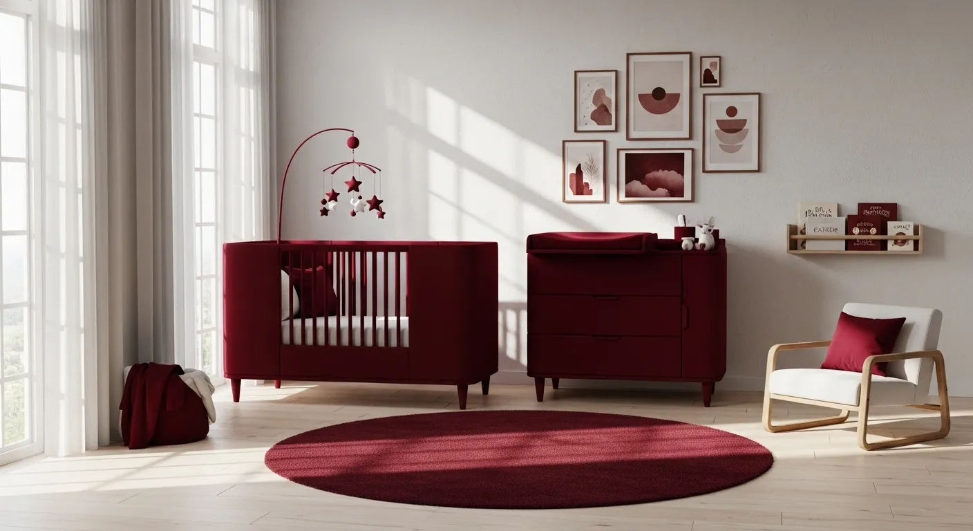 Minimalist nursery featuring a deep burgundy accent wall and sleek white furniture