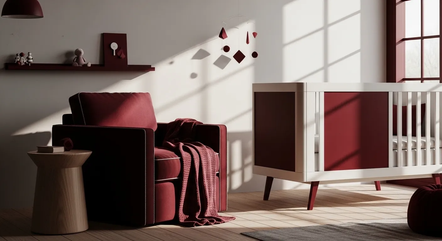 Minimalist nursery featuring deep burgundy accent wall and sleek natural wood crib