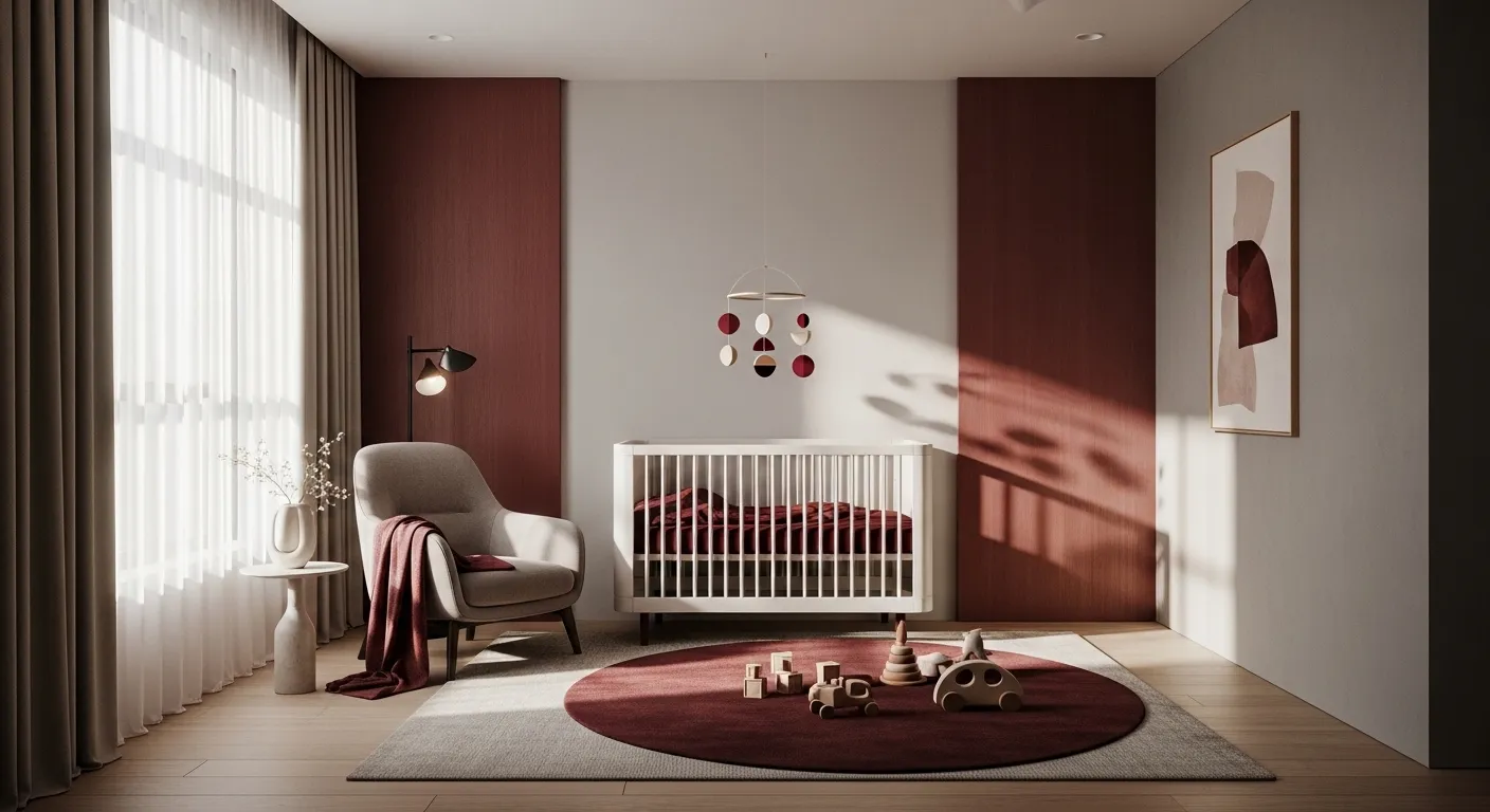 Modern minimalist nursery featuring a white crib and deep burgundy accents