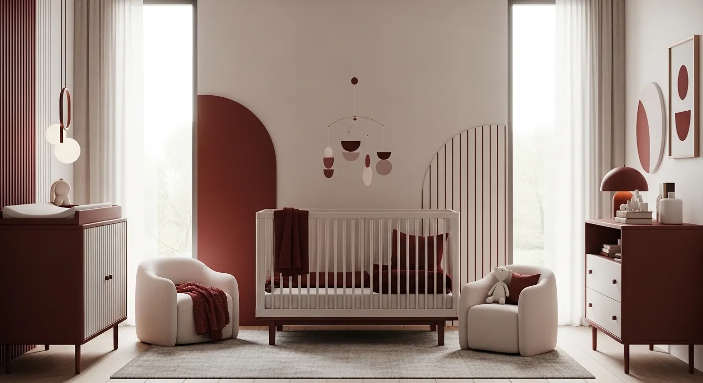Modern minimalist nursery featuring a burgundy crib and soft neutral accents
