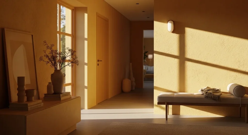 Bright minimalist entryway with butter yellow walls and a sleek wooden console table