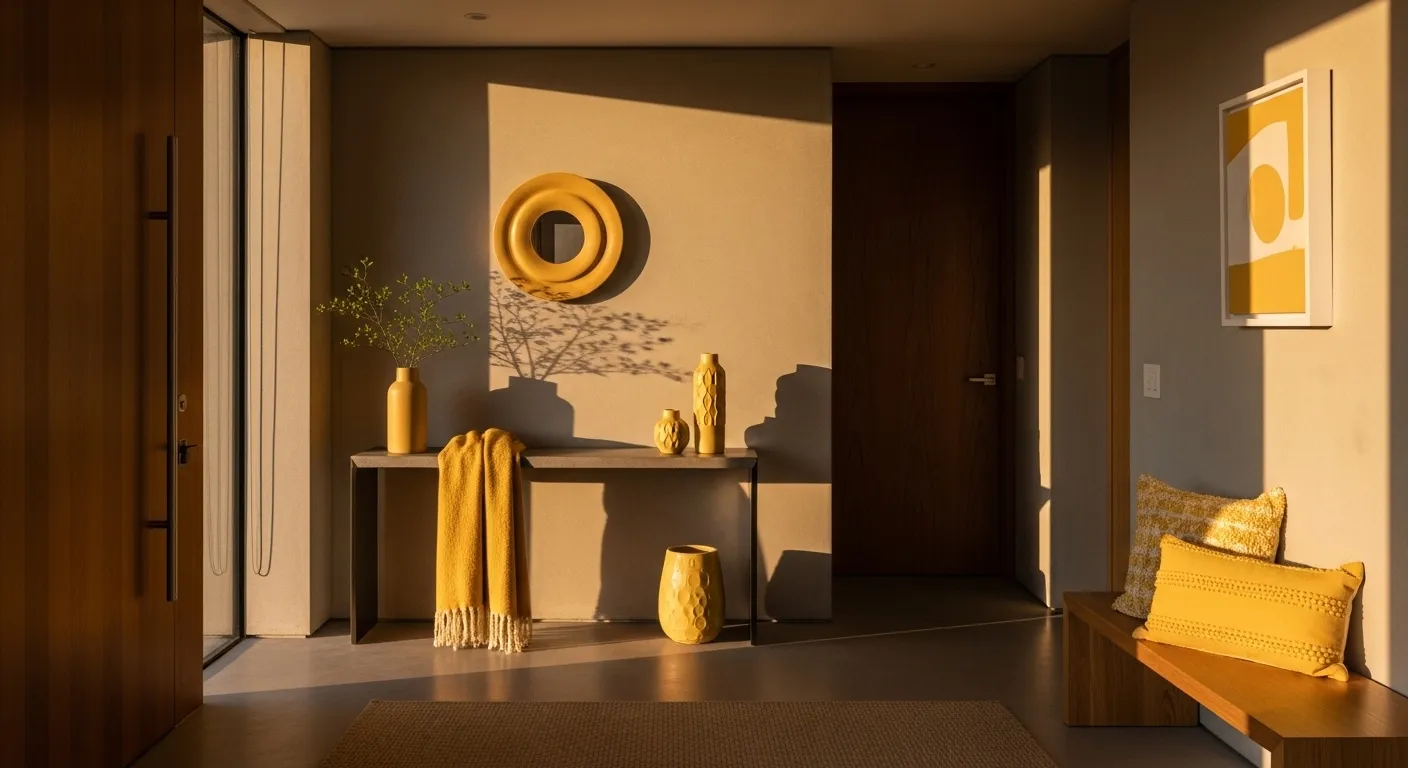 Perfect color palette for Minimalist Entryway ideas featuring light wood and yellow