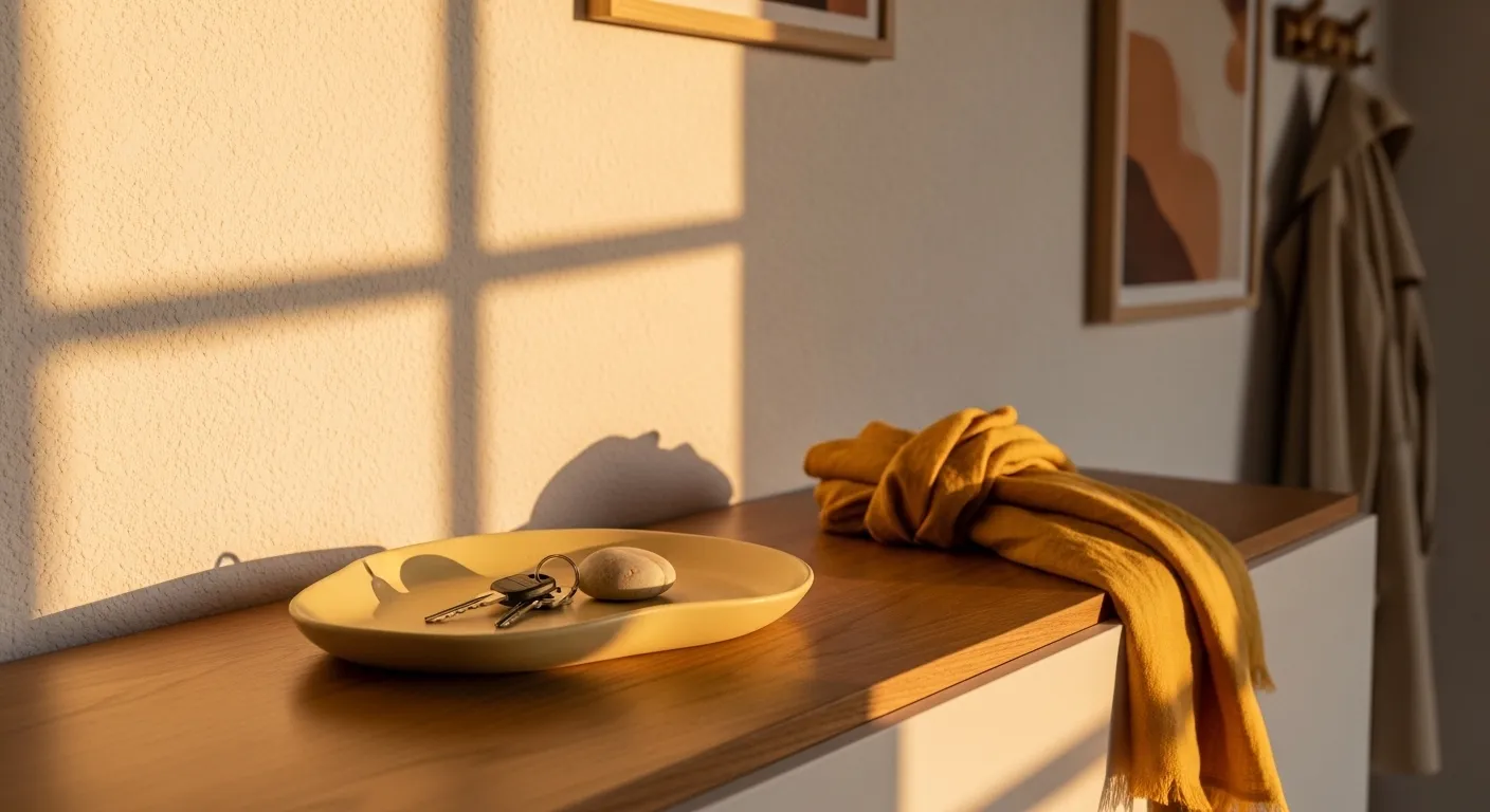 Welcoming minimalist foyer with budget-friendly styling and yellow walls