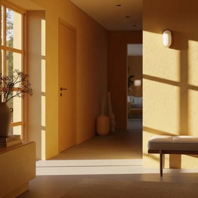 Bright minimalist entryway with butter yellow walls and a sleek wooden console table