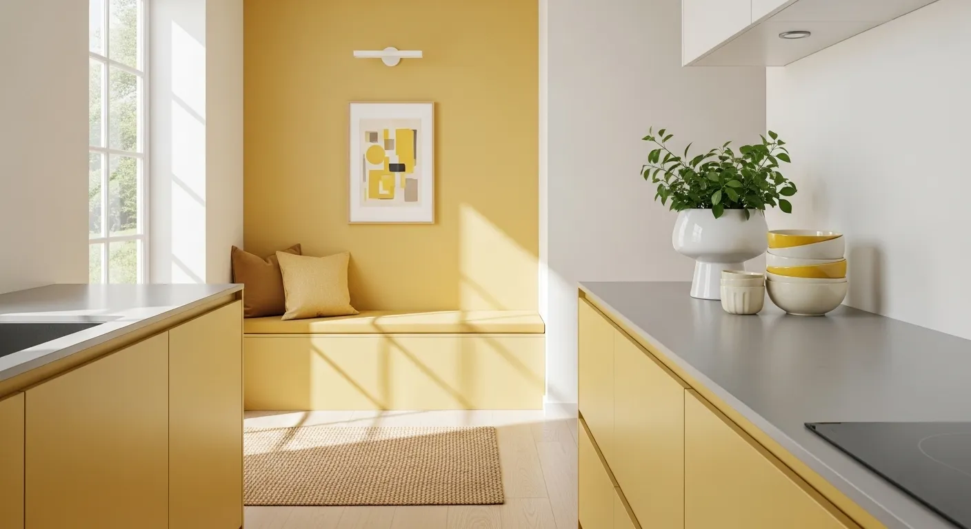 Sleek butter yellow cabinets in a bright minimalist kitchen with white countertops